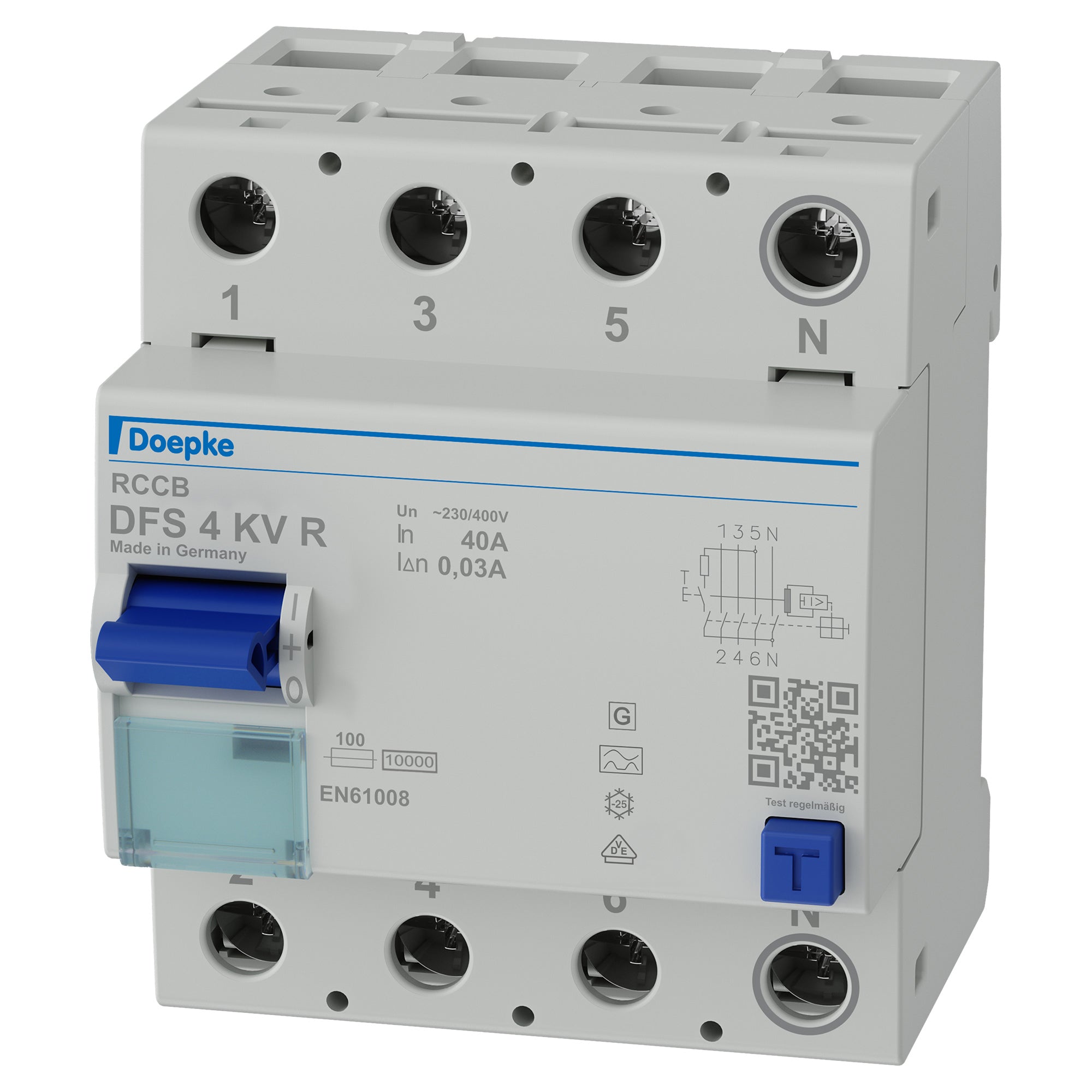 Doepke Doepke FI-Schutzschalter 4p, 40 A, 0.03 A, Typ A, KV, N-re Doepke Doepke FI-Schutzschalter 4p, 40 A, 0.03 A, Typ A, KV, N-re